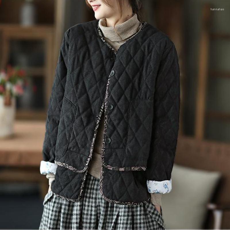 

Women's Jackets 2023 Autumn Winter Women Basic Short Coat Long Sleeve Loose All-matched Casual Single-breasted Patchwork Argyle Cotton, Black