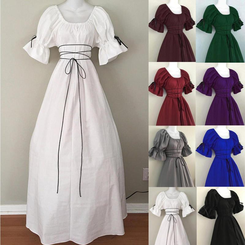 

Casual Dresses Halloween Women Solid Colors Short Sleeve Lace-up European Medieval Retro Court Princress Cosplay Costume Elegant Long, Black
