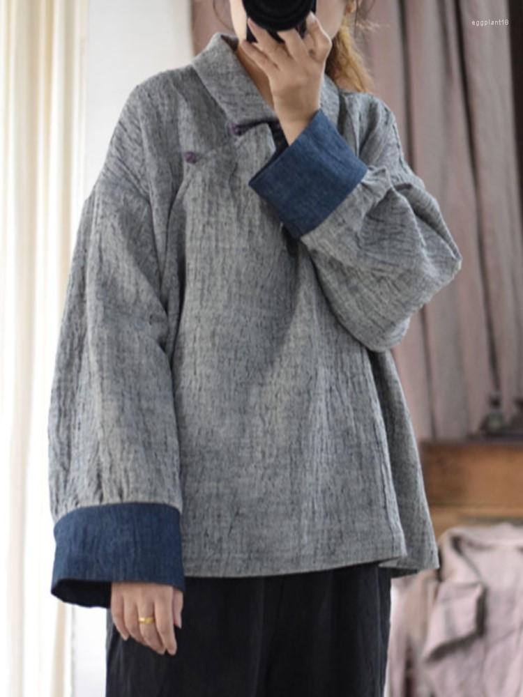 

Women's Jackets Women Autumn Winter Linen Jacket Vintage Patchwork Retro Coat Outerwear Female 2023, Blue