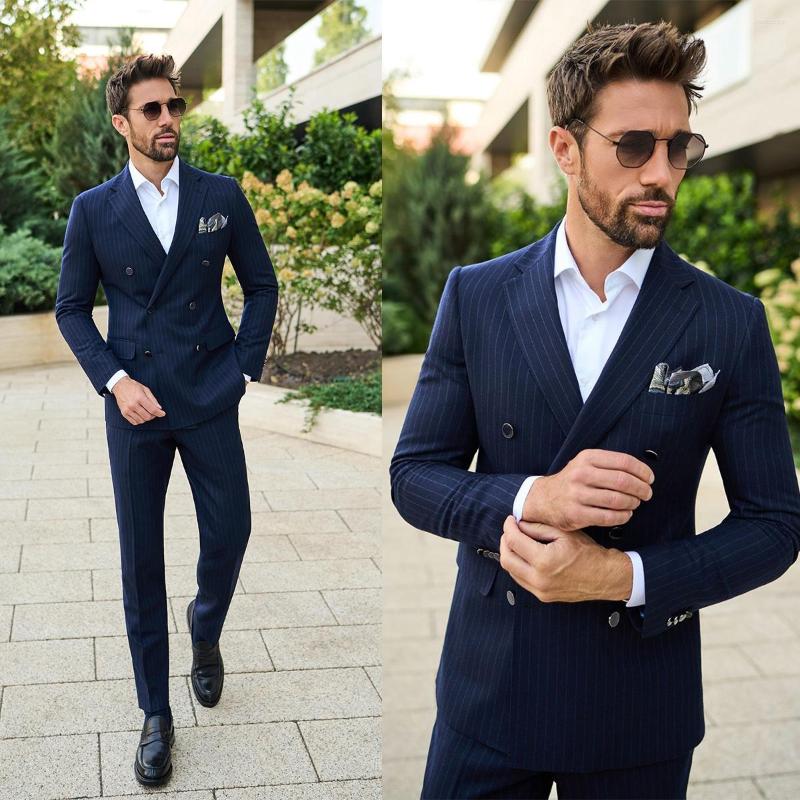 

Men's Suits Navy Men's Suit 2 Pieces Blazer Pants Double Breasted Peaked Lapel Business Pinstripes Slim Wedding Groom Tailored Costume, Champagne