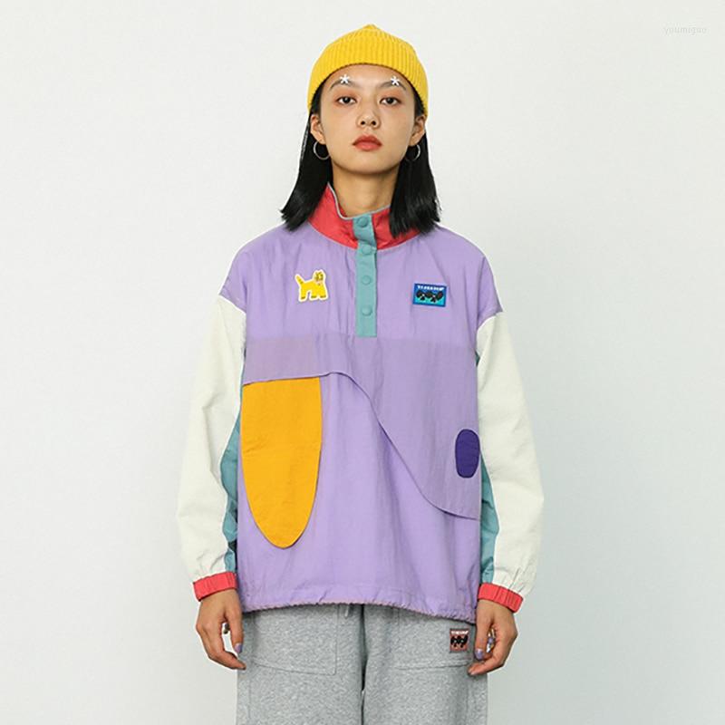 

Women' Jackets Spring Original Indie Chic Design Women Pullover Color Block Stand Collar Cartoon Patch Wool Liner Warm Coat Outwear, The thin