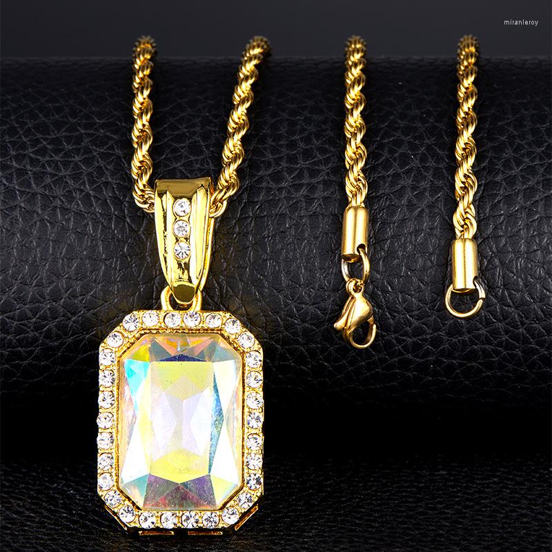

Chains Men Hip Hop Pendant Women Fashion Gold Color Iced Out Rhinestone Mini Square Red Blue Gem Crystal Cuban Necklace Drop