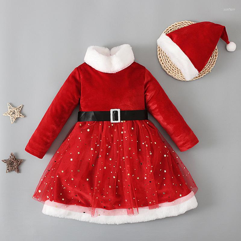 

Girl Dresses Baby Girls 2-6 Years Christmas Star Velvet Dress Hat 2pcs Children Clothing Sets Toddler Kids Xmas Santa Claus Suit Clothes, Red