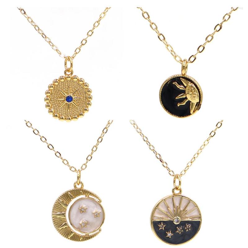 

Chains Vintage Stereoscopic Sun Moon Round Coin Necklace Lacquer Pendant Jewelry Copper Microinlaid Zirconia