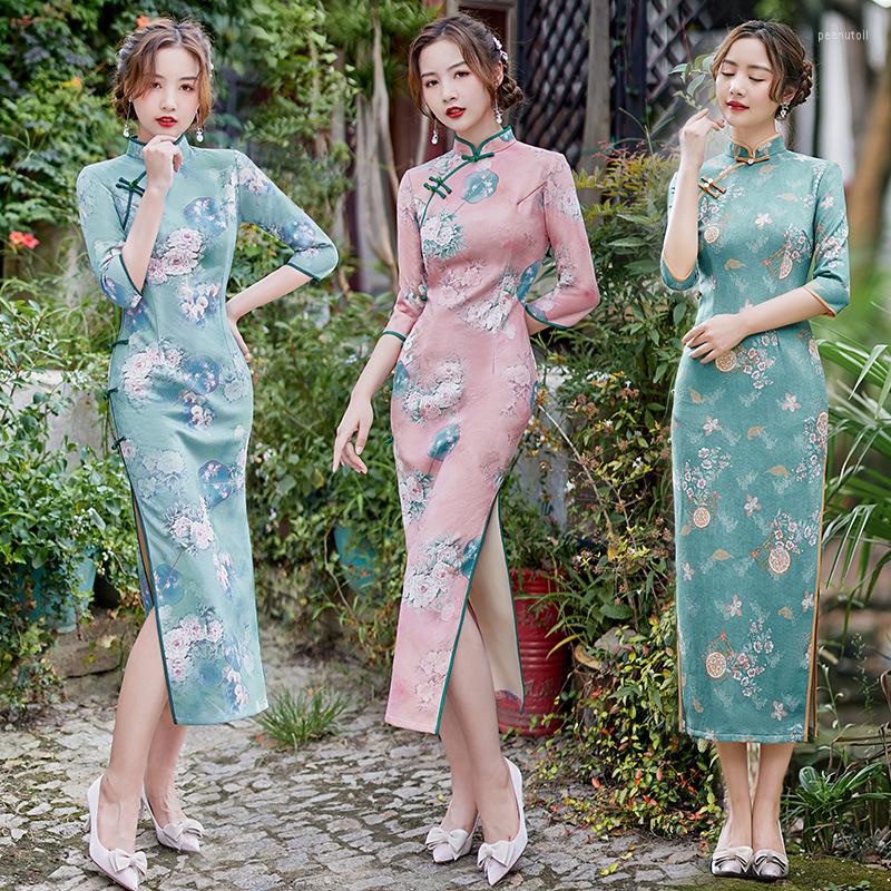 

Ethnic Clothing Autunm Winter Women Lace Qipao Lady Long Fork Print Party Dress Chinese Traditional Female Catwalk Novelty Cheongsam