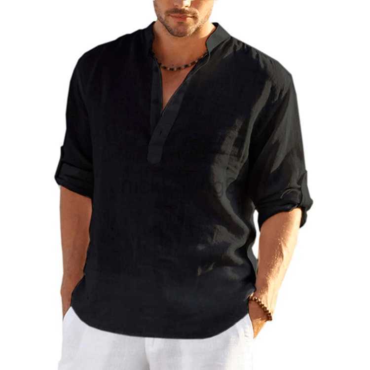 

Men' Casual Shirts Men Cotton Linen T-shirts Summer V Collarless Long Sleeve Solid Sand Beachwear Office Man Tee Shirt Tops BSDFS-ZT167 Y23, Random color