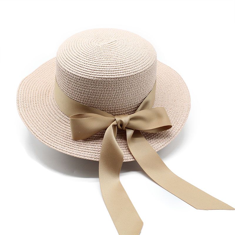 

New summer beach flat brim straw hat women's bow streamer straw flat top sun hat clothing accessories, No box