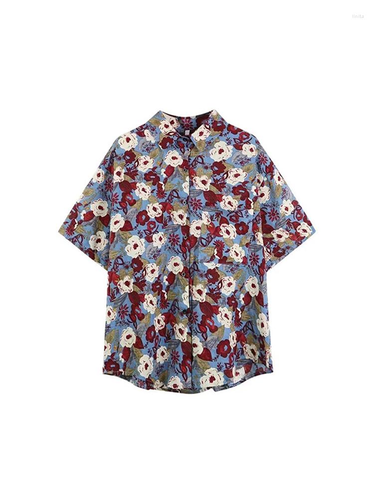 

Women's Blouses Women Contrast Color Retro Print Design Shirt 2023 Spring Lapel Half Sleeve Lady Loose Casual Clothes Vintage Harajuku, Decor