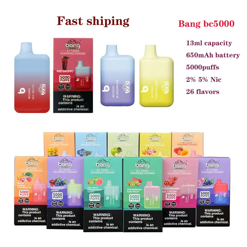 

Bang bc5000 26 colors E cigarettes Disposable vape pen bar Device Kit 5000 Puffs Rechargeable 650MAH Battery 10ml Prefilled Cartridge Pod Vape box