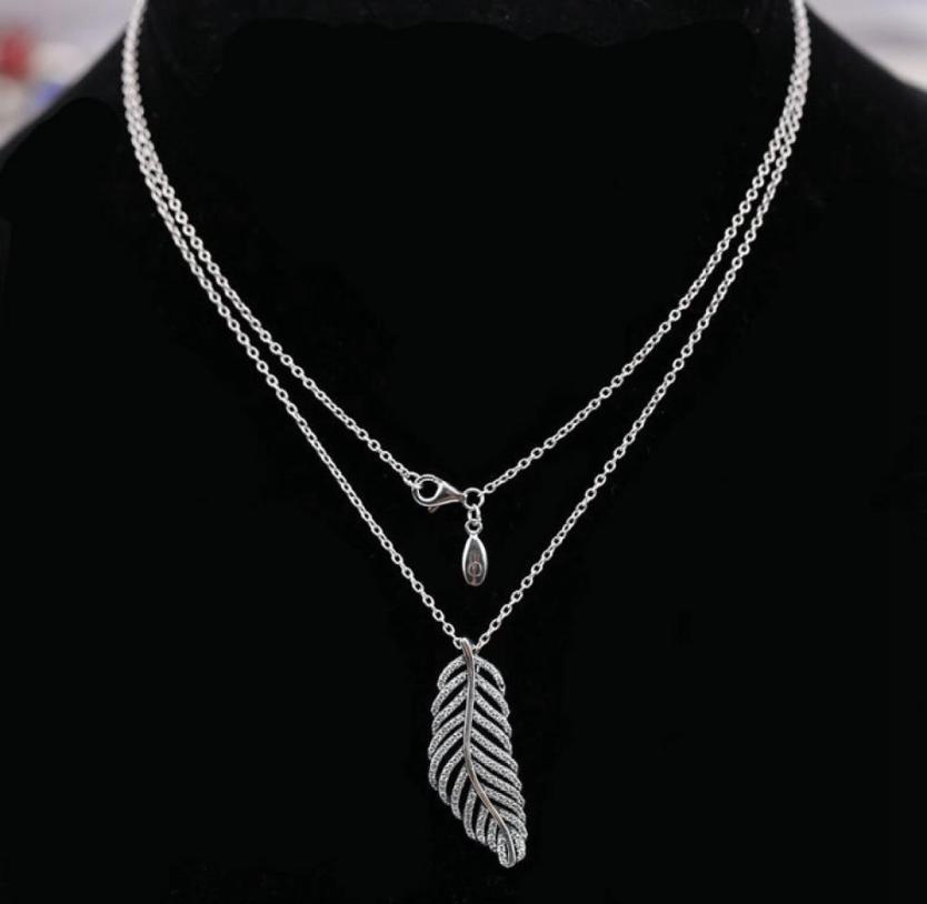 

Flashing Light Feather CZ Diamond Necklace for Pandora 925 Sterling Silver High Quality Ladies Pendant Necklace with Original Box6737512