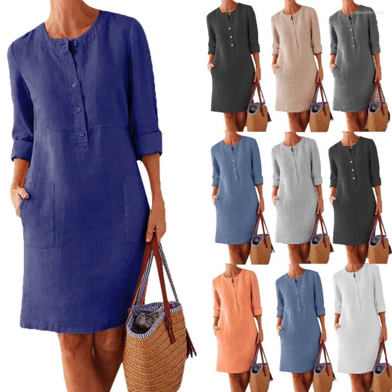 

Casual Dresses Autumn And Winter Cotton Linen Dress Women Solid Color Mid-length Long-sleeved Shirt Mini, Dark gray