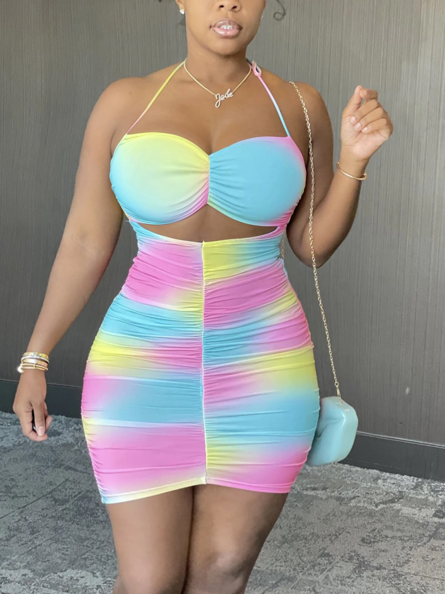 

Plus size Dresses LW Size Tiedye Backless Ruched Mini Dress Full Print Rainbow Sleeveless Pierced Halter Pressed Pleat Streetwear Skinny 230510, Pink