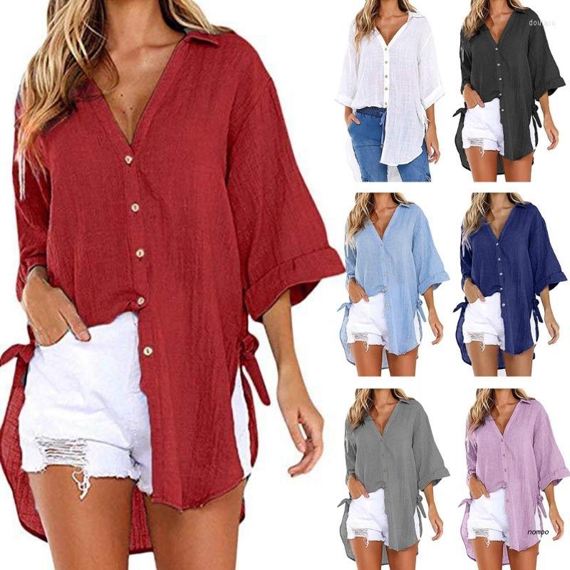 

Women's Blouses Cotton Shirts Woman Mid-length Sleeve Loose V Neck Shirt Sexy Shopping Blouse, Dark blue