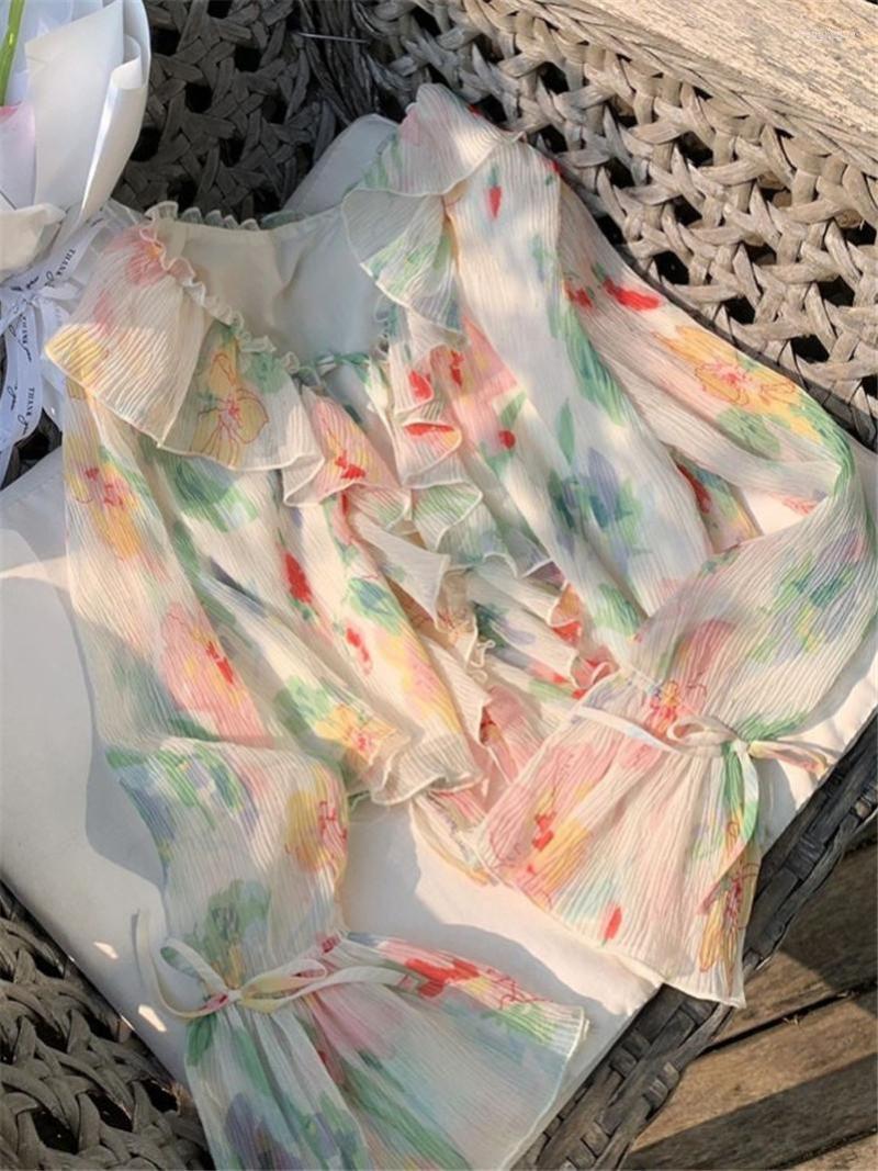 

Women' Blouses Spring Chiffon Korean Women' Tops Sweet Floral Print Lotus Leaf Collar Lightweight Chic Gentle Butterfly Sleeve Shirts, Mixed color