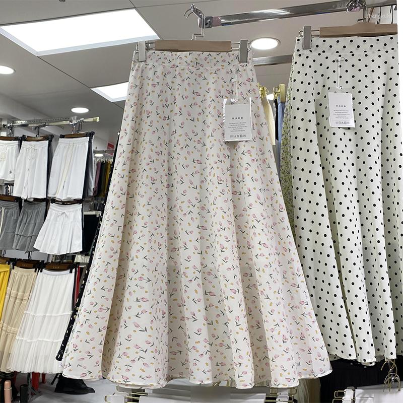

Skirts Summer Floral For Women Korean Style A-line Ladies Long Elastic High Waist Female Mid-calf Skirt Drop, Black
