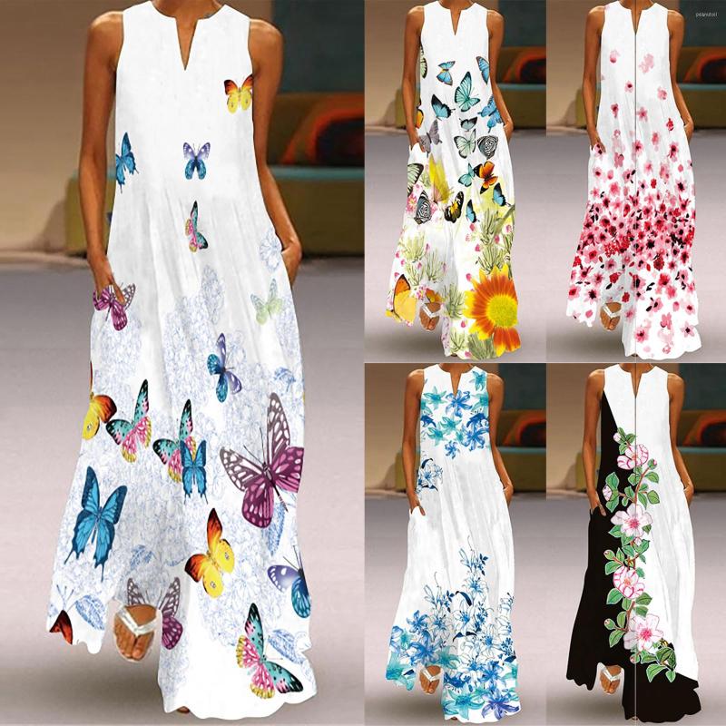 

Casual Dresses Dress Print Summer Floral Sexy Boho Beach Women Party Retro V-neck Sleeveless Pocket, Black