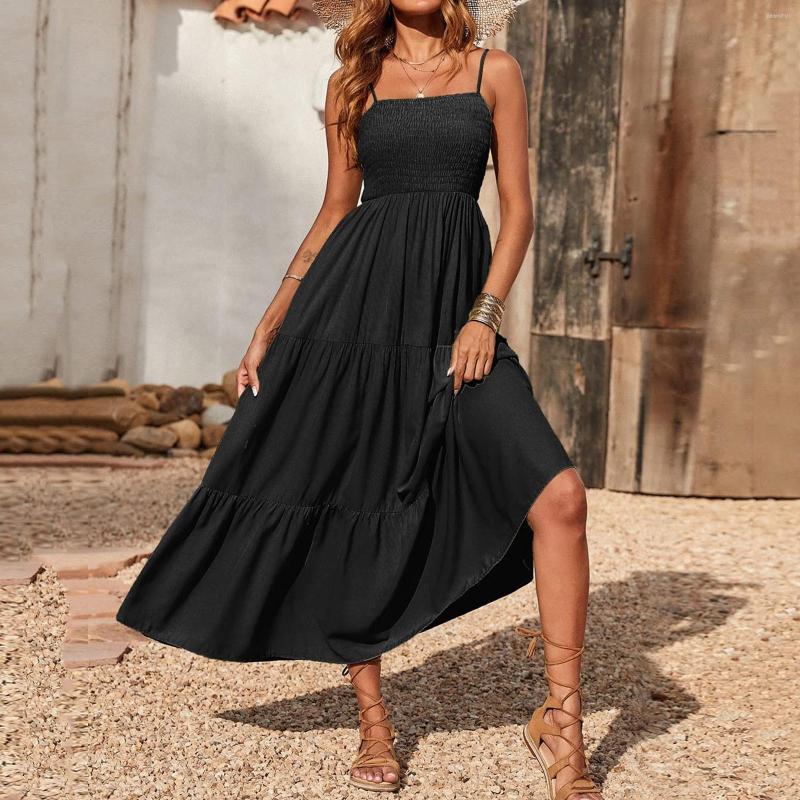 

Casual Dresses Women Summer Maxi Dress Boho Sleeveless For 2023 Beach Strap Smocked Tiered Long Vestidos, Black