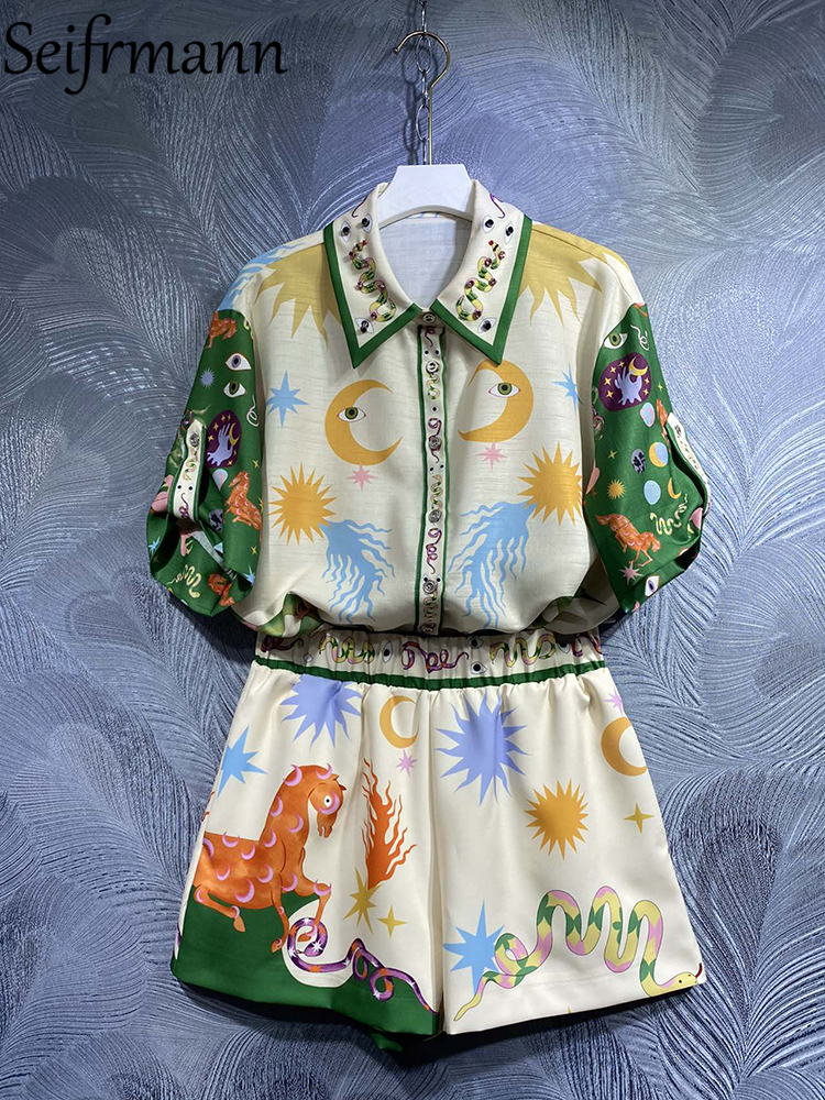 

Two Piece Dress Seifrmann High Quality Summer Women Fashion Designer Shorts Sets Lantern Short Sleeve Loose Shirts Elastic Waist Suits 230510, Multi