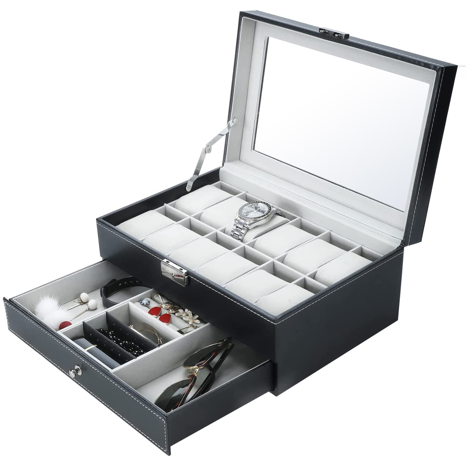 

Watch Boxes Cases 12 Slot PU Leather Lockable Storage Men Women Jewelry Display Drawer Case 2Tier Organizer Showcase 230509