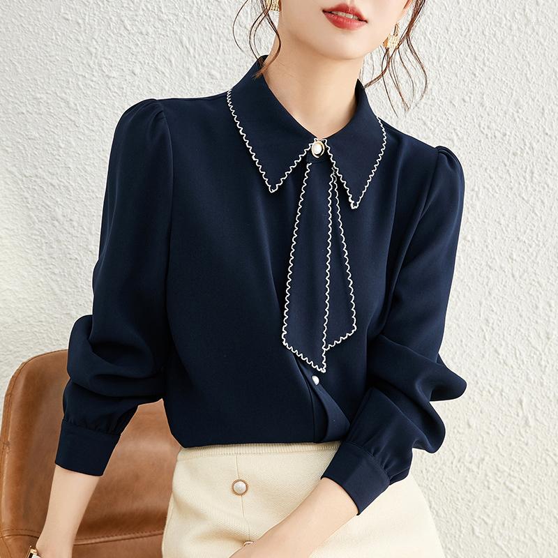 

Women's Blouses Style Design Feeling Small Crowd Western Shirt Female Long-sleeve Temperament All-match Chiffon Bottom Jacket, Navy blue