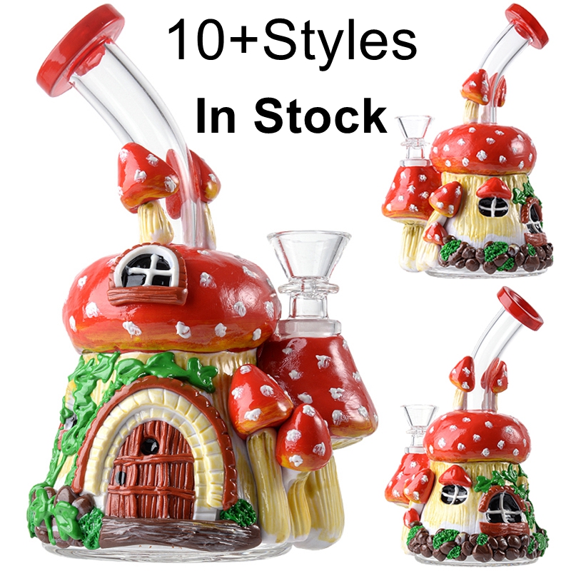 

Uniqe Halloween Style Hookahs Mushroom Glass Bongs 3D Glass Hand Made 14mm Female Joint Oil Dab Rigs Showerhead Perc 4MM Thick Water Pipes With Bowl 15 Styles in Stock