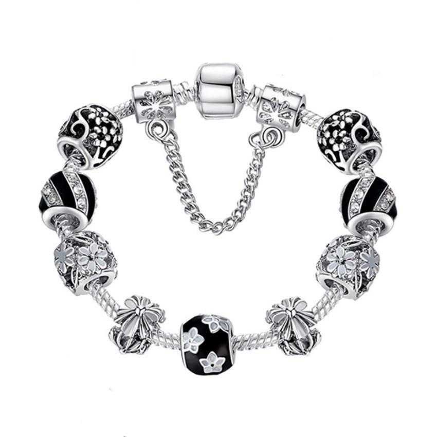 

Black Enamel Daisy Charm Vintage Strand Bracelet Alloy Diy Panjia Beaded For Women Wholesale