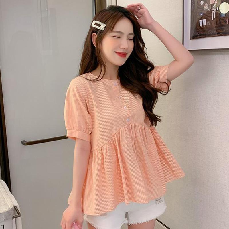 

Women's Blouses Fashion O-Neck Loose Folds Striped Blouse Female Clothing 2023 Summer Oversized Casual Pullovers Puff Sleeve Sweet Shirt, Blue