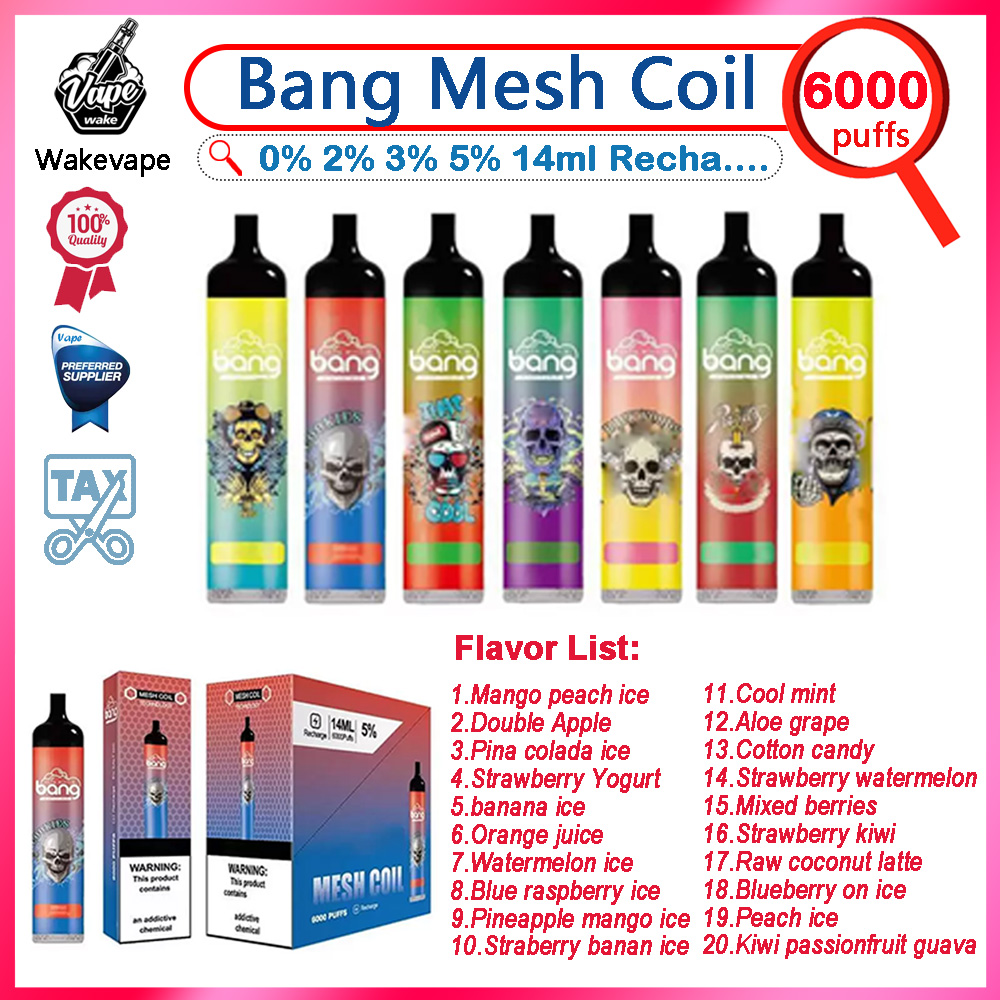 

E cigarettes Original Bang Mesh Coil 6000 Puffs Bars Disposable Vape Pen 14ml Pre-filled Pods Cartridge 1100mAh Rechargeable Battery