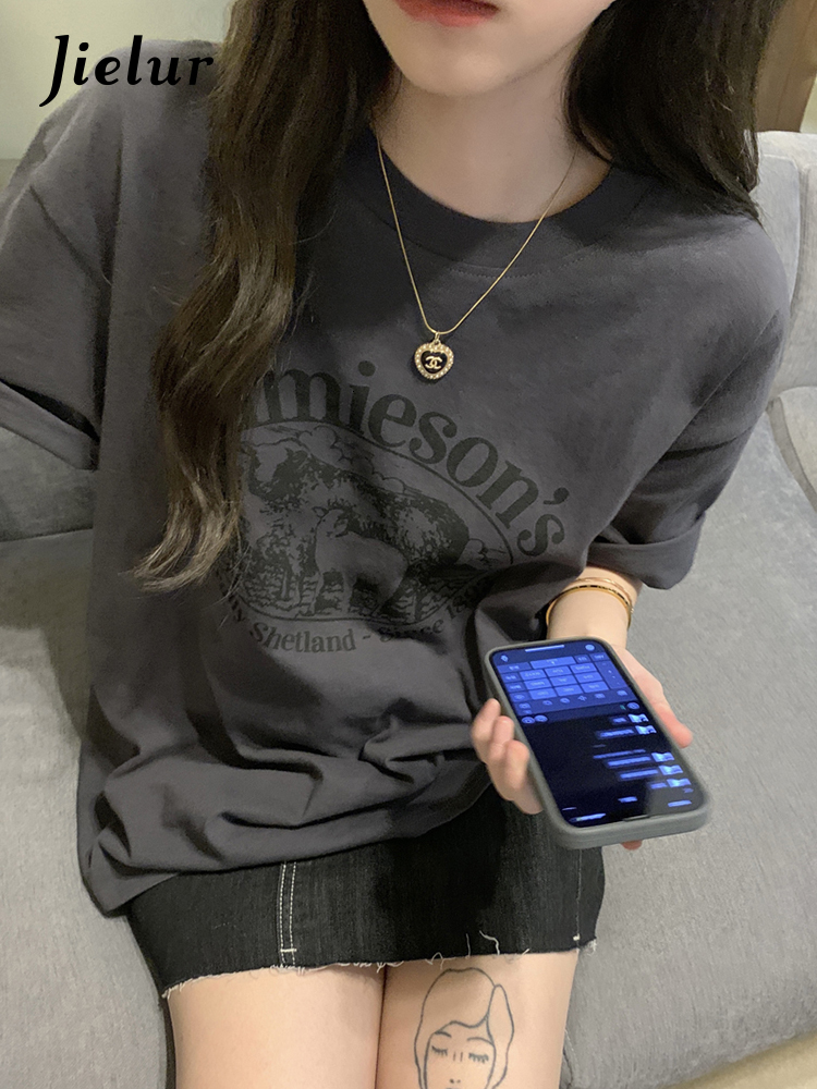 

Women's T Shirt Kaus Wanita Gambar Huruf Jieur 2023 Longgar Mode Musim Panas Atasan Harajuku BF Muda Keren Lengan Pendek Abu abu Gelap 230509, Gray