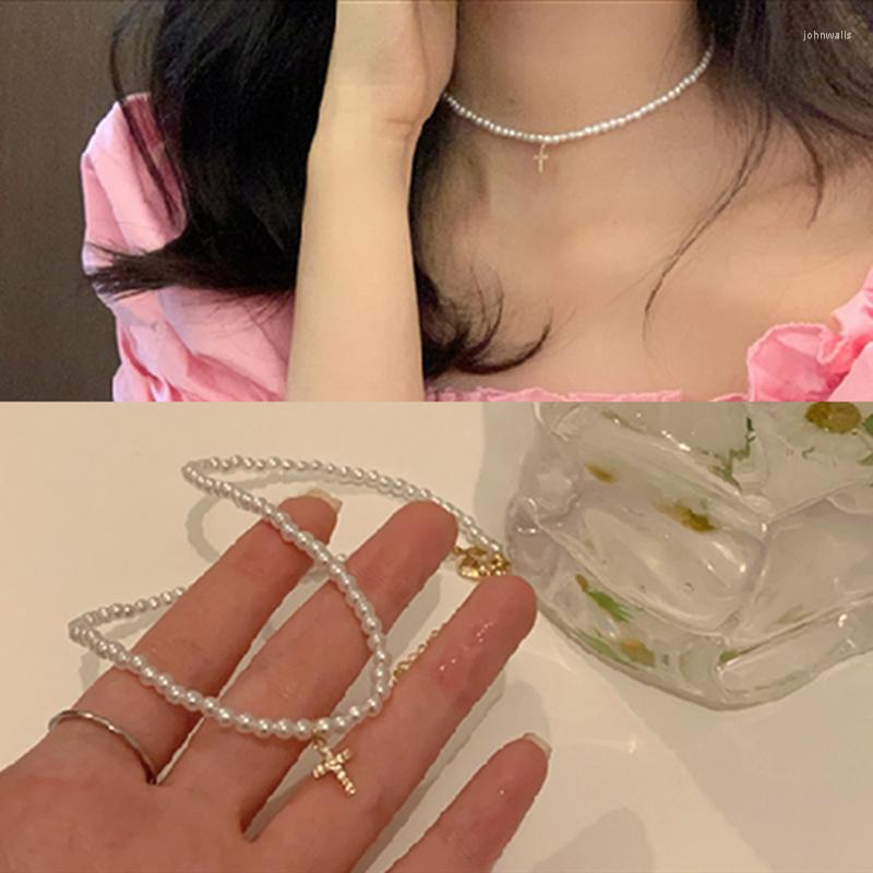 

Choker Cute Cross Necklaces White Imitation Pearl Necklace Beads Clavicle Chain For Women Wedding Jewelry Collar Arrivals