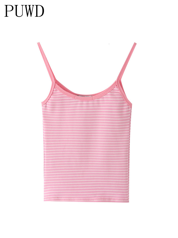 

Women's Tanks Camis PUWD Casual Women Pink Striped Print Soft Cotton Tank Summer Fashion Ladies Vintage Slim Short Tops Female Chic Crop Top 230510