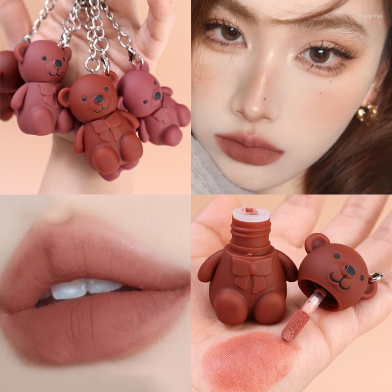 

Lip Gloss 6Color Cute Bear Matte Mud Velvet Grey Pink Keychain Lipstick Waterproof Long Lasting Glaze Cosmetics Portable, 06