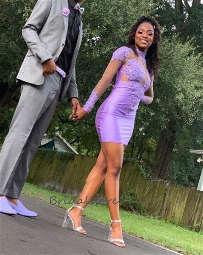 Sexy Lilas Robe De Bal Courte 2023 À Manches Longues En Dentelle Cocktail Robes De Soirée Col Haut Gaine Graduation Porter Une Occasion Formelle