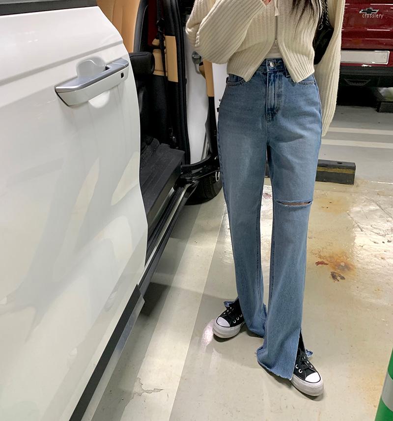 

Women' Pants Korean Ins Spring Vintage Washed High-waisted Jeans Show Leg Long Single A Ripped Pant Slit Trousers Women, Blue