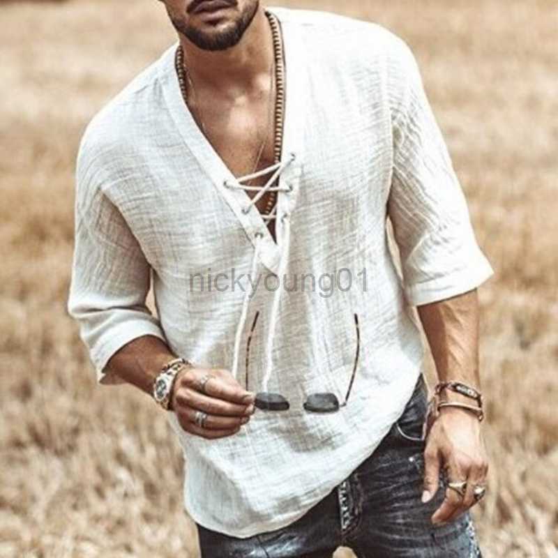 Men's Casual Shirts White Summer Tops T-Shirt Men Blouse Cotton Linen Man Baggy T Shirt Clothing Chemise Hombre Homme Camisetas Y23