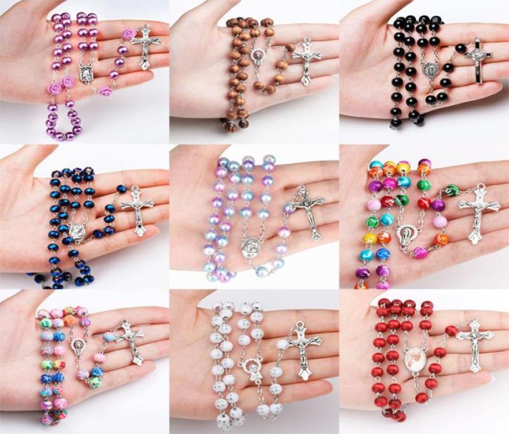 

9 styles Religious Catholic Rainbow Rosary Necklaces Jesus Virgin Mary cross Long pendant Beads chains For women Men Christian Jew3285043