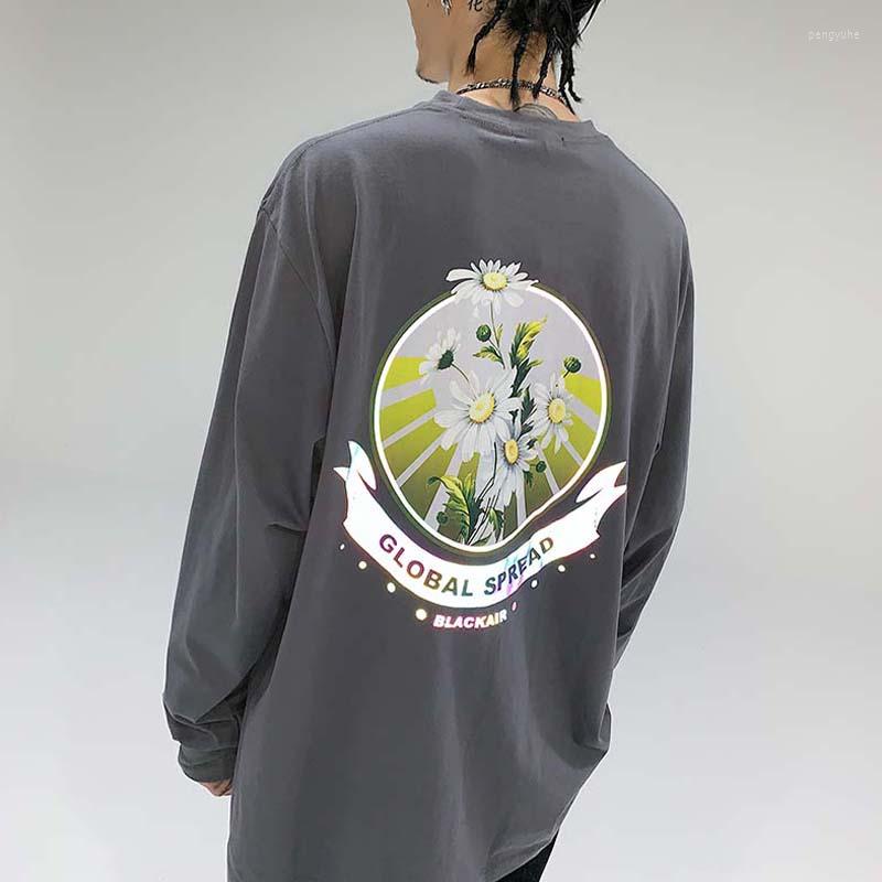 

Men's T Shirts UNCLEDONJM Daisy Reflective Printed Long-Sleeved T-shirt 2023 Harajuku Streetwear Hip Hop Loose Tops Tees ME-735, Black