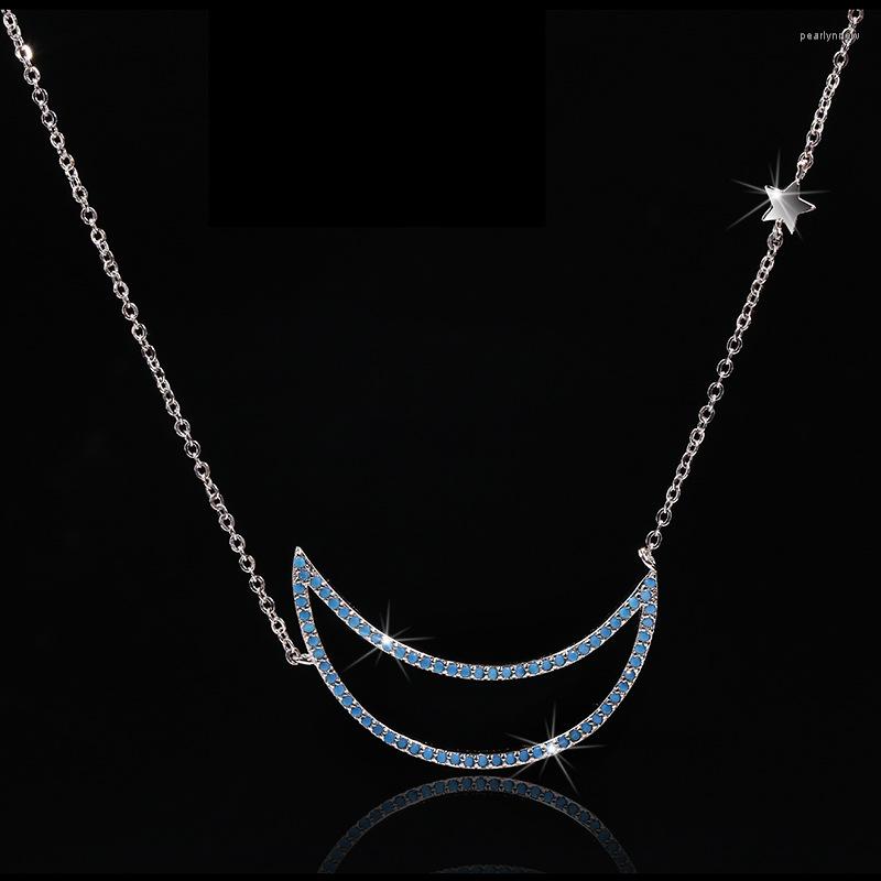 

Chains 925 Silver High Quality Moon Pendant With Blue Zircon Stone Color Chain Necklace For Women Fashion Jewelry Gift
