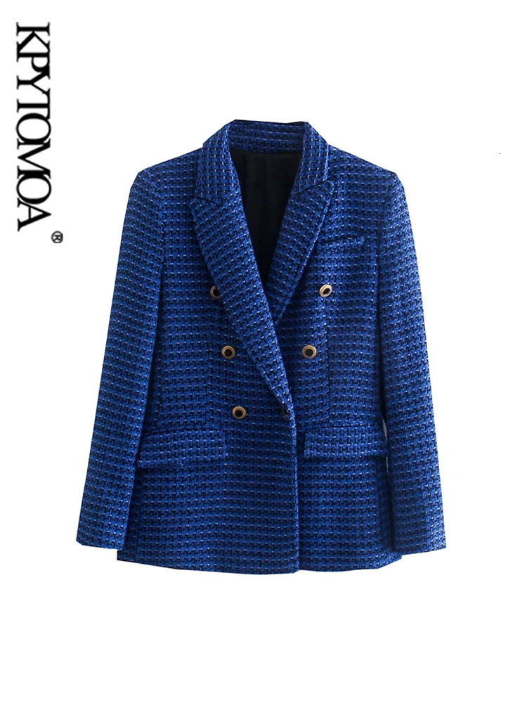 

Women's Suits Blazers KPYTOMOA Women Fashion Tweed Double Breasted Blazer Coat Vintage Long Sleeve Flap Pockets Female Outerwear Chic Veste Femme 230510, Blue