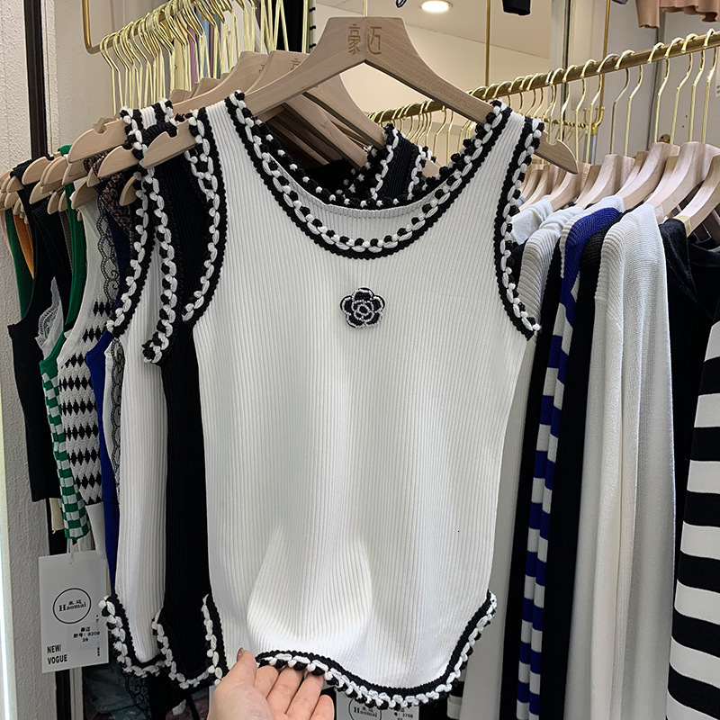 

Camisoles Tanks Women Summer Thin Curved Beads Knitted Vest Sleeveless Knit Camisole Tops Female O-Neck Outer Wear Inner Top Tank Rose 230510, Black