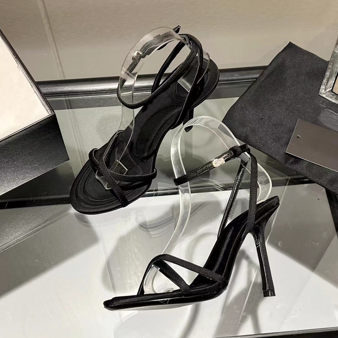 

Slim Sandals Fashion Women High Heel Designer Shoe Satin Ankle Strap Buckle 10CM Open Toe Dress Shoes Real Leather Soles stiletto Sandal, Black silk