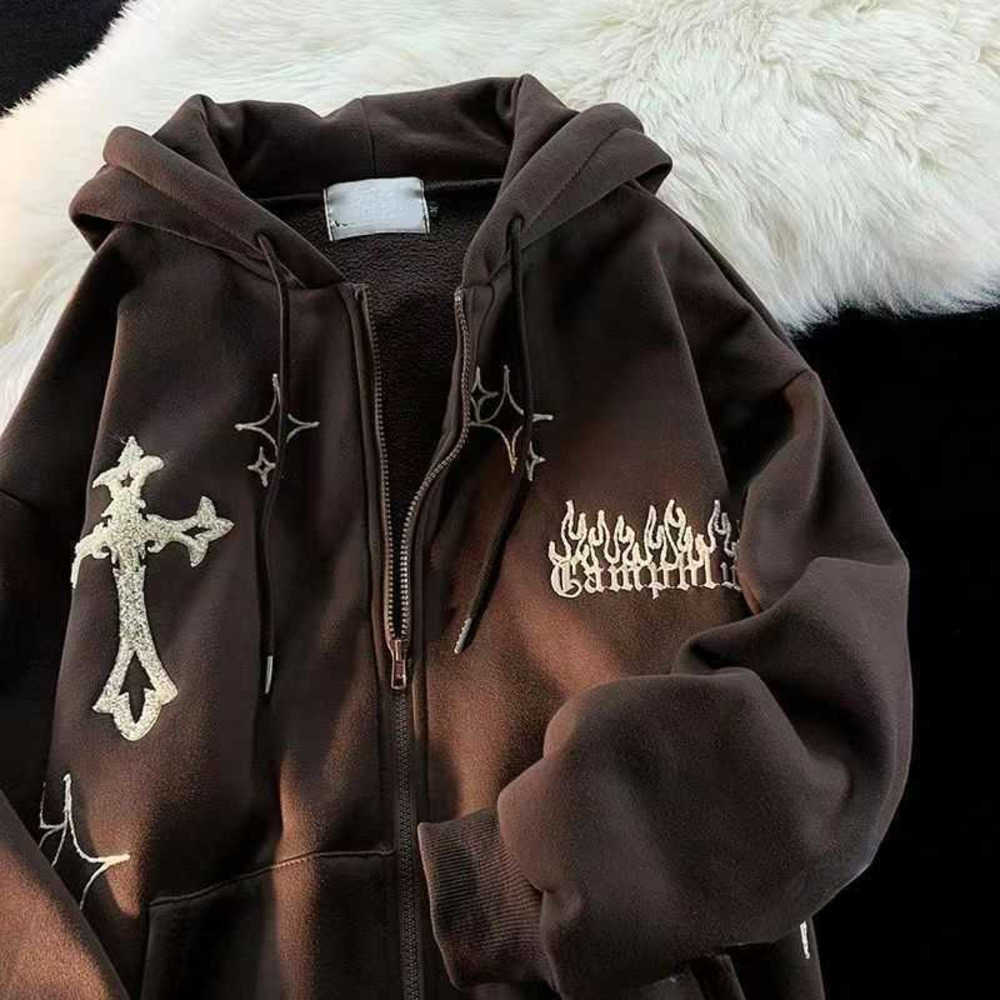 

Hoodies Sweatshirts Gothic Embroidery Women Men' Retro Harajuku Hip Hop Jacket High Street Zip Up Hoodie Casual Loose Sweatshirt Clothes Y2K Tops Y2209 Q93G, Ea00123-black