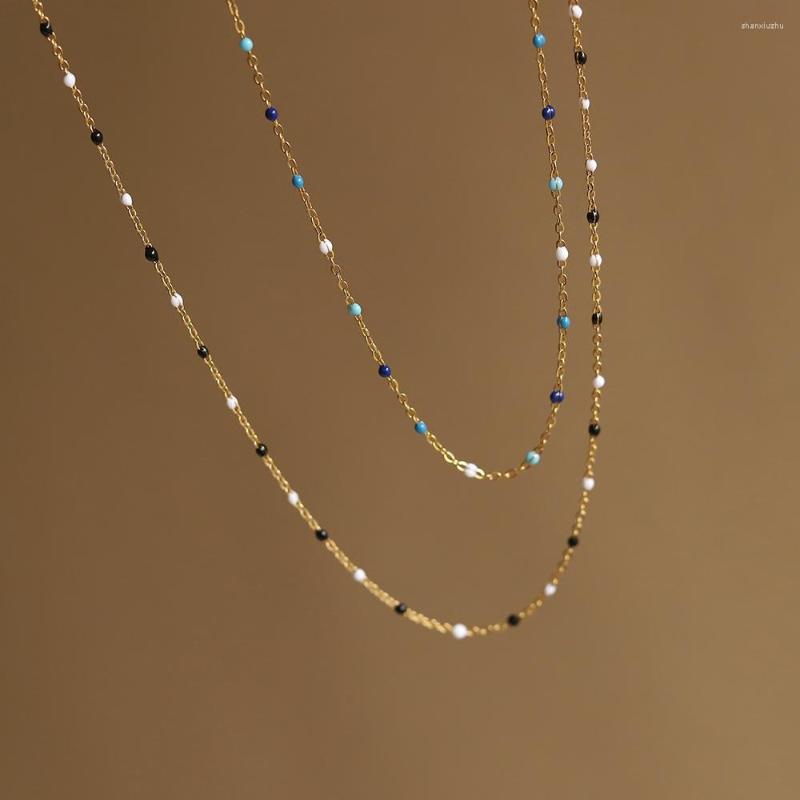

Chains RHYSONG Stainless Steel Inlay Mini Colored Blue Black Beads Chain Collares Boho Jewelry Gold Choker Necklace For Women Holiday