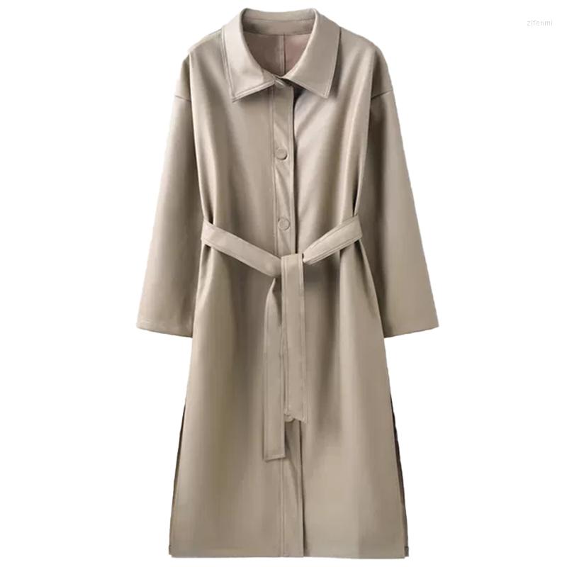 

Women' Leather Autumn Long Black Cool PU Trench Coat For Women Belt Single Breasted Loose Korean Fashion Wholesale Clothes, Dark green