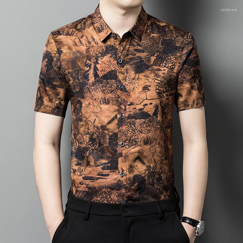 

Men's Casual Shirts Summer Luxury Gold Shirt Business Silk Satin Men's Short Sleeve Street Clothing Designer Brand, Orange