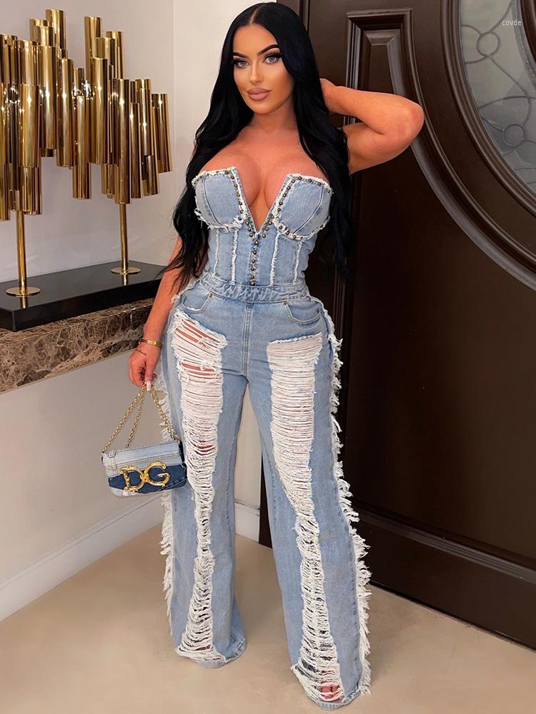 

Women' Shorts 2023 Summer Sexy Hollowed Out Fashion Ripped Zipper Long Breast Wrapped Denim Jumpsuit Women