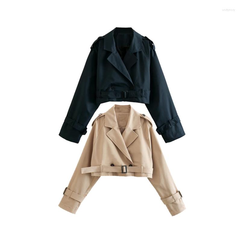 

Women' Jackets Women' Lapel Collar Coat Cropped Female Long Sleeve With Belt Single Button Short Jacket French Trench Streetwear, Khaki