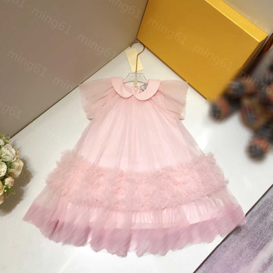 23ss kids designer clothes girls Dress Short-sleeved dress Doll collar Lace embroidery gauze princess skirt with hem big Girls skirts High qualit-image-864339560