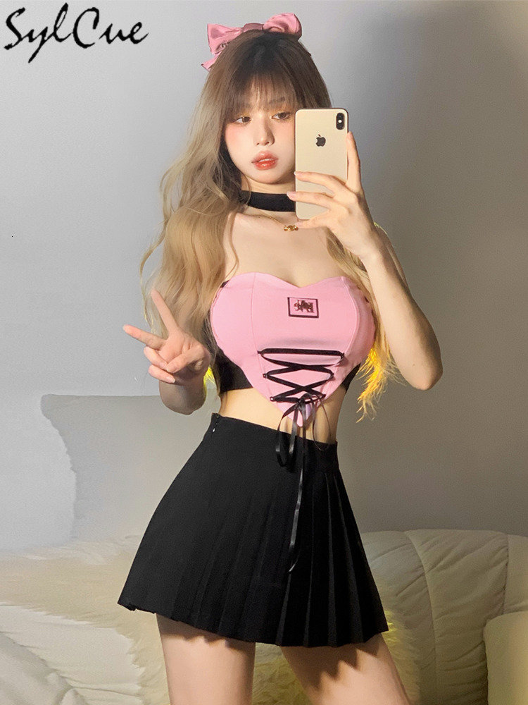 Women's Tanks Camis Sylcue Stitching Pink Sexy Hanging Neck Elastic Outer Wear Mature Charm High Street Royal Sister Women's Vest Short
