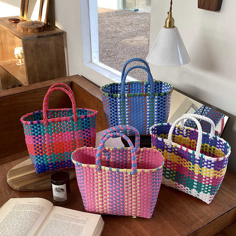 Storage Bags Hylhexyr 2023 New Vegetable Basket Summer Fashion PVC Handbag Hand Woven Bag Patchwork Striped Tote Beach Bags P230510-image-864396157